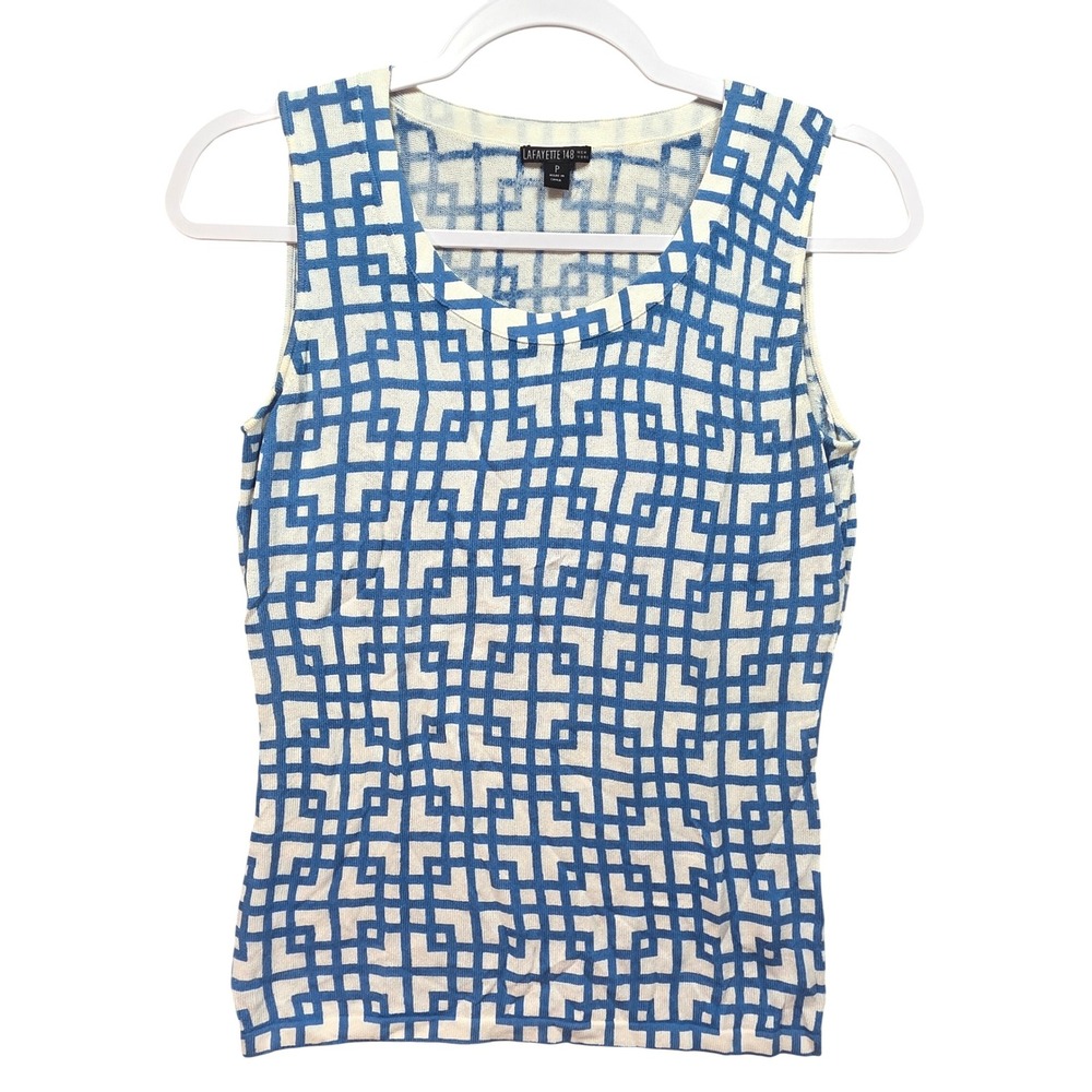 Lafayette 148 Tank Top Womens S Geometric Blue White Knit Scoop Neck Designer
